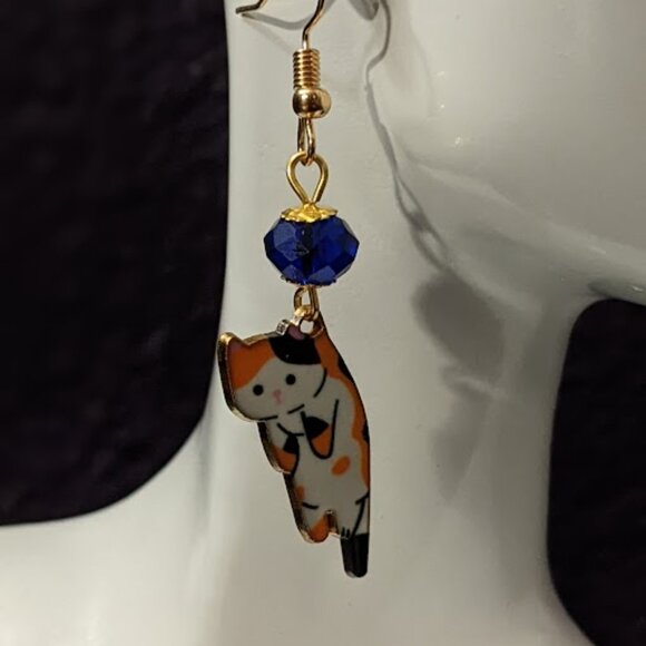 Calico Cat Earrings with Cobalt Blue Czech Glass Accents - Picture 2 of 8